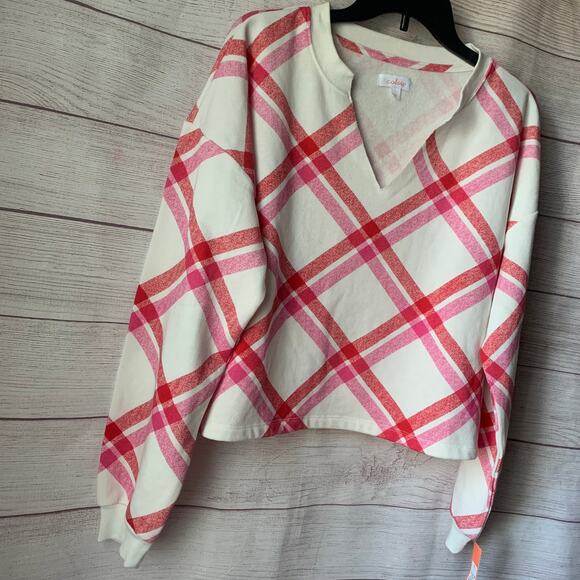 Colsie Pink and White Plaid Lounge Sweatshirt Cut V Neck Soft Size Large - Picture 4 of 10